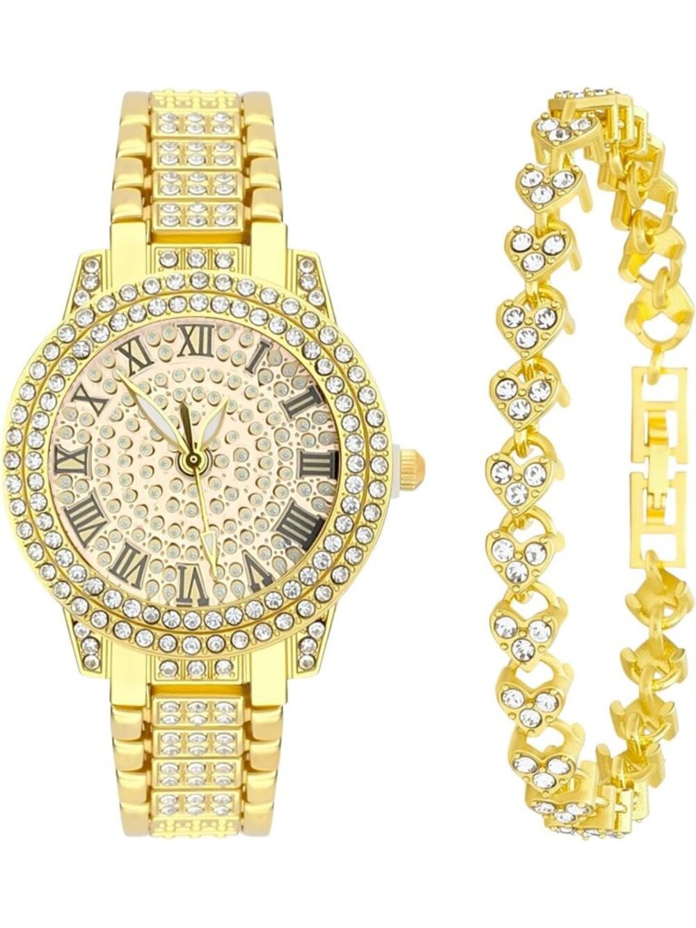 Women's All Gold Analog Quartz Diamond Bracelet Set Luxury Cubic Zirconia Watch
